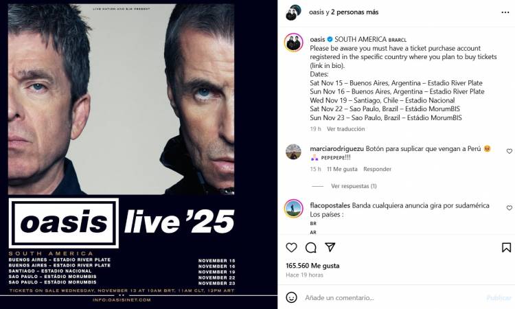 Oasis confirmó su regreso a la Argentina